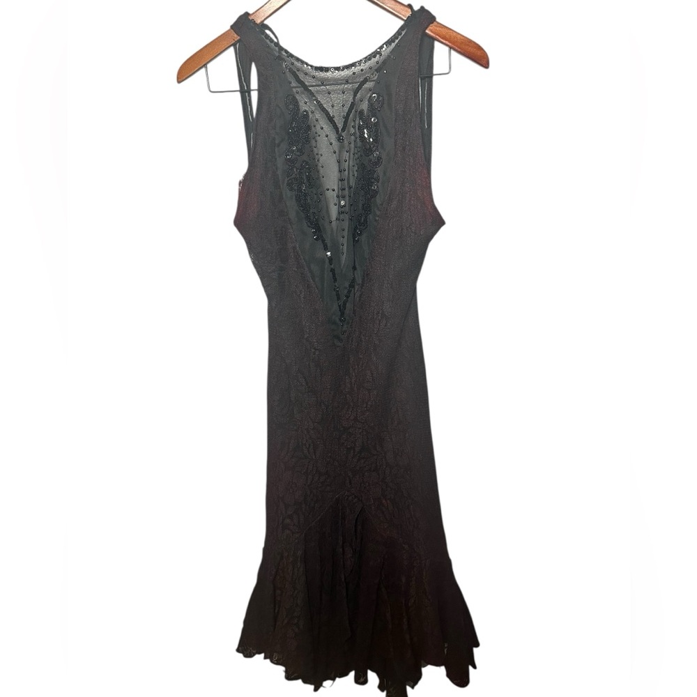 Vtg 90’s Cache Black/Brown Midi Dress Lace Ruffle Party M - Picture 2 of 8